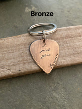 Load image into Gallery viewer, I pick you forever guitar pick keychain, Hand Stamped Guitar Pick thick 18g - Bronze, silver tone aluminum or rustic copper - gift for him
