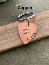 Load image into Gallery viewer, I pick you forever guitar pick keychain, Hand Stamped Guitar Pick thick 18g - Bronze, silver tone aluminum or rustic copper - gift for him