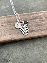 Load image into Gallery viewer, Personalized Monstera Leaf Necklace with Initial charm and Swarovski Crystal Birthstone - Gift for Plant Lover - plant mom gift idea
