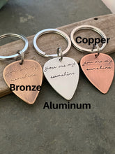 Load image into Gallery viewer, You are my sunshine, Rustic Guitar Pick keychain, Hand Stamped Copper Guitar Pick, 18g, Gift for him, or Musician, music lover