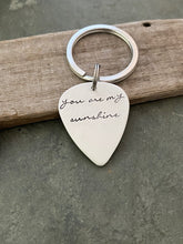 Load image into Gallery viewer, You are my sunshine, Rustic Guitar Pick keychain, Hand Stamped Copper Guitar Pick, 18g, Gift for him, or Musician, music lover