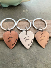 Load image into Gallery viewer, I pick you forever guitar pick keychain, Hand Stamped Guitar Pick thick 18g - Bronze, silver tone aluminum or rustic copper - gift for him