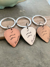 Load image into Gallery viewer, I pick you forever guitar pick keychain, Hand Stamped Guitar Pick thick 18g - Bronze, silver tone aluminum or rustic copper - gift for him
