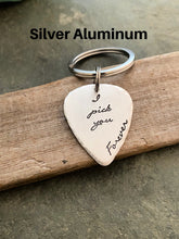 Load image into Gallery viewer, I pick you forever guitar pick keychain, Hand Stamped Guitar Pick thick 18g - Bronze, silver tone aluminum or rustic copper - gift for him