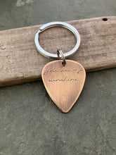 Load image into Gallery viewer, You are my sunshine, Rustic Guitar Pick keychain, Hand Stamped Copper Guitar Pick, 18g, Gift for him, or Musician, music lover