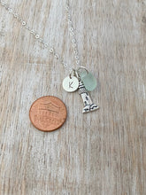 Load image into Gallery viewer, Sterling Silver Lighthouse necklace, genuine Sea glass and mini Initial Charm - Personalized beach jewelry, Beacon of Hope, Nautical Jewelry