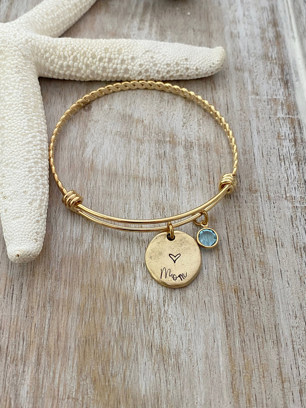 Gift for mom, gold plated or silver stainless steel bangle bracelet with personalized disc and birthstones, Christmas gift, grandma gift