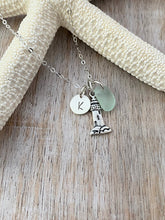 Load image into Gallery viewer, Sterling Silver Lighthouse necklace, genuine Sea glass and mini Initial Charm - Personalized beach jewelry, Beacon of Hope, Nautical Jewelry