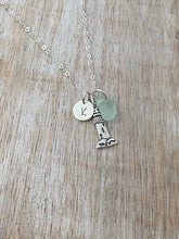 Load image into Gallery viewer, Sterling Silver Lighthouse necklace, genuine Sea glass and mini Initial Charm - Personalized beach jewelry, Beacon of Hope, Nautical Jewelry