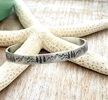 Load image into Gallery viewer, Mountain Range and Tree Scene Bracelet - Hand stamped silver aluminum cuff bracelet - 1/4 Inch skinny stacking bangle - Birthday gift