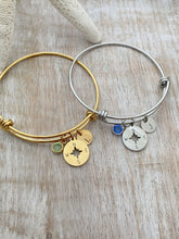 Load image into Gallery viewer, Compass charm bracelet - silver or gold stainless steel adjustable wire bangle - Swarovski crystal birthstone personalized initial disc