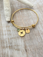 Load image into Gallery viewer, Compass charm bracelet - silver or gold stainless steel adjustable wire bangle - Swarovski crystal birthstone personalized initial disc