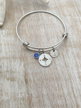 Load image into Gallery viewer, Compass charm bracelet - silver or gold stainless steel adjustable wire bangle - Swarovski crystal birthstone personalized initial disc