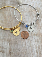 Load image into Gallery viewer, Compass charm bracelet - silver or gold stainless steel adjustable wire bangle - Swarovski crystal birthstone personalized initial disc