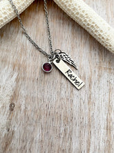 Load image into Gallery viewer, Stainless steel memorial necklace, Angel wing charm, personalized name plate bar, Crystal birthstone charm, Sympathy gift, Loss Jewelry