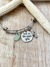 Load image into Gallery viewer, toes in the sand girl, stainless steel adjustable beach bangle bracelet flip flop bracelet - genuine sea glass bangle - gift for beach lover