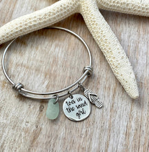 Load image into Gallery viewer, toes in the sand girl, stainless steel adjustable beach bangle bracelet flip flop bracelet - genuine sea glass bangle - gift for beach lover