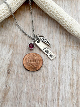 Load image into Gallery viewer, Stainless steel memorial necklace, Angel wing charm, personalized name plate bar, Crystal birthstone charm, Sympathy gift, Loss Jewelry