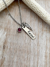 Load image into Gallery viewer, Stainless steel memorial necklace, Angel wing charm, personalized name plate bar, Crystal birthstone charm, Sympathy gift, Loss Jewelry