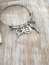 Load image into Gallery viewer, Always in my heart, stainless steel bangle bracelet with Swarovski Crystal Birthstone, Memorial jewelry, Loss bracelet, angel wing and heart