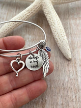 Load image into Gallery viewer, Always in my heart, stainless steel bangle bracelet with Swarovski Crystal Birthstone, Memorial jewelry, Loss bracelet, angel wing and heart