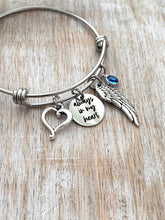 Load image into Gallery viewer, Always in my heart, stainless steel bangle bracelet with Swarovski Crystal Birthstone, Memorial jewelry, Loss bracelet, angel wing and heart