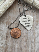 Load image into Gallery viewer, where words fail, music speaks - engraved stainless steel guitar pick necklace - stainless steel ball chain - gift for music lover