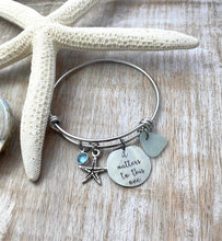 Load image into Gallery viewer, it matters to this one, stainless steel adjustable bangle bracelet, starfish charm genuine sea glass and Swarovski birthstone adoption teach
