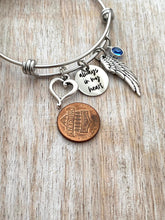 Load image into Gallery viewer, Always in my heart, stainless steel bangle bracelet with Swarovski Crystal Birthstone, Memorial jewelry, Loss bracelet, angel wing and heart