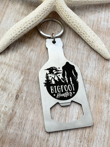 Bigfoot hunter - stainless steel beer bottle opener keychain - gift for him  -  key ring  gift for Bigfoot enthusiast - stocking stuffer