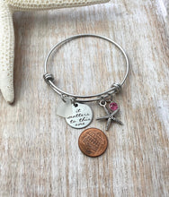 Load image into Gallery viewer, it matters to this one, stainless steel adjustable bangle bracelet, starfish charm, genuine sea glass and Swarovski birthstone, teacher gift