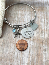 Load image into Gallery viewer, it matters to this one, stainless steel adjustable bangle bracelet, starfish charm genuine sea glass and Swarovski birthstone adoption teach