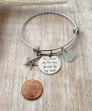 Load image into Gallery viewer, the voice of the sea speaks to my soul - stainless steel adjustable bangle bracelet - starfish charm genuine sea glass - Beach Quote Jewelry