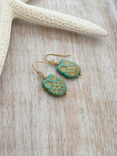 Load image into Gallery viewer, Aqua and Gold Czech Glass Owl earrings, Woodland Earrings, Turquoise Blue green and golden patina, Feathered, gift for her gold earrings