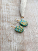 Load image into Gallery viewer, Aqua and Gold Czech Glass Owl earrings, Woodland Earrings, Turquoise Blue green and golden patina, Feathered, gift for her gold earrings