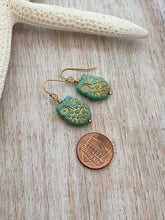Load image into Gallery viewer, Aqua and Gold Czech Glass Owl earrings, Woodland Earrings, Turquoise Blue green and golden patina, Feathered, gift for her gold earrings