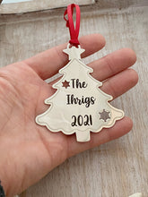 Load image into Gallery viewer, Personalized Christmas Tree Ornament - Silver stainless steel tree shape - Personalized Year Date and Family Last Name - custom engraved