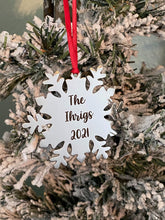 Load image into Gallery viewer, Personalized Snowflake Ornament - Christmas Tree Ornament - Silver Stainless steel - Personalized Year Date and Family Last Name engraved