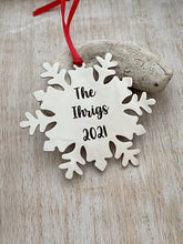 Load image into Gallery viewer, Personalized Snowflake Ornament - Christmas Tree Ornament - Silver Stainless steel - Personalized Year Date and Family Last Name engraved
