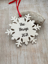 Load image into Gallery viewer, Personalized Snowflake Ornament - Christmas Tree Ornament - Silver Stainless steel - Personalized Year Date and Family Last Name engraved