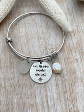 Load image into Gallery viewer, not all who wander are lost bracelet - engraved stainless steel adjustable beach bangle - genuine sea glass charm - freshwater coin pearl