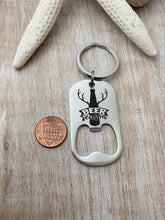 Load image into Gallery viewer, Beer season - funny engraved stainless steel beer bottle opener keychain - gift for husband - deer keychain - hunting theme keychain