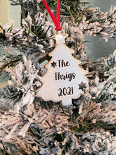 Load image into Gallery viewer, Personalized Christmas Tree Ornament - Silver stainless steel tree shape - Personalized Year Date and Family Last Name - custom engraved