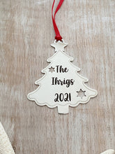 Load image into Gallery viewer, Personalized Christmas Tree Ornament - Silver stainless steel tree shape - Personalized Year Date and Family Last Name - custom engraved