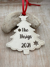 Load image into Gallery viewer, Personalized Christmas Tree Ornament - Silver stainless steel tree shape - Personalized Year Date and Family Last Name - custom engraved