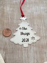 Load image into Gallery viewer, Personalized Christmas Tree Ornament - Silver stainless steel tree shape - Personalized Year Date and Family Last Name - custom engraved