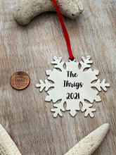 Load image into Gallery viewer, Personalized Snowflake Ornament - Christmas Tree Ornament - Silver Stainless steel - Personalized Year Date and Family Last Name engraved