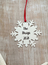 Load image into Gallery viewer, Personalized Snowflake Ornament - Christmas Tree Ornament - Silver Stainless steel - Personalized Year Date and Family Last Name engraved
