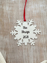 Load image into Gallery viewer, Personalized Snowflake Ornament - Christmas Tree Ornament - Silver Stainless steel - Personalized Year Date and Family Last Name engraved