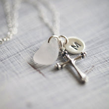 Load image into Gallery viewer, Sterling Silver Fancy Cross Charm Necklace with Genuine Sea Glass - Personalized Initial Charm - Confirmation Gift Idea - Faith - Hope
